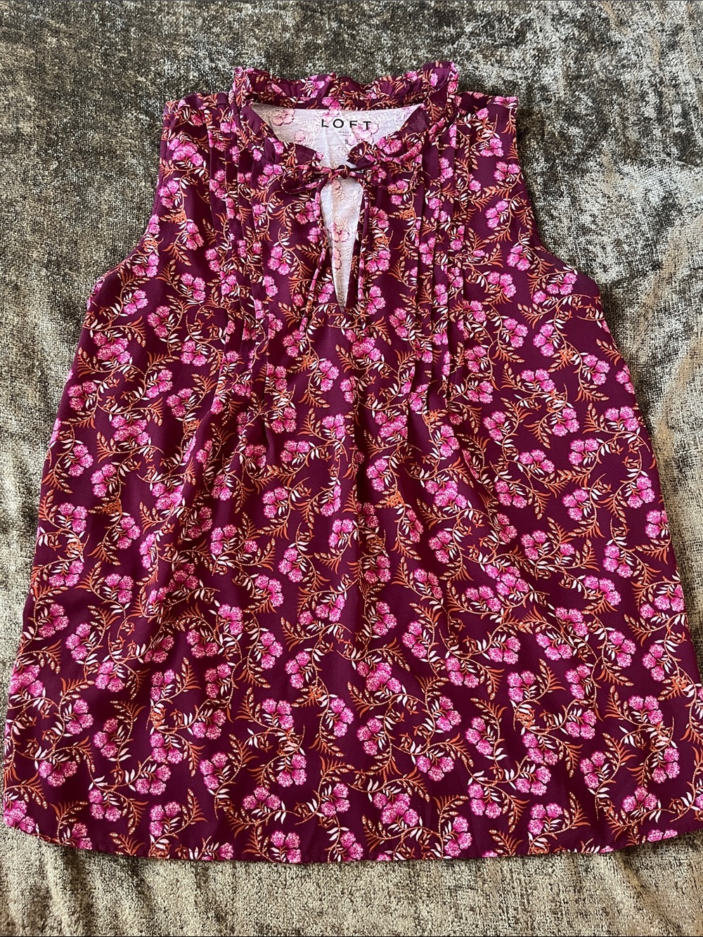 LOFT Plum Floral Ruffle-Trim V-Neck Blouse